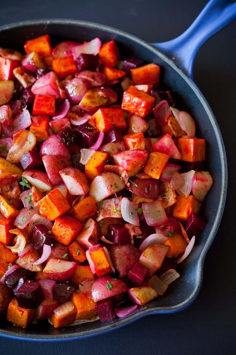 Red Flannel Hash. A recipe with beets, potatoes, onions, herbs, and bacon.
