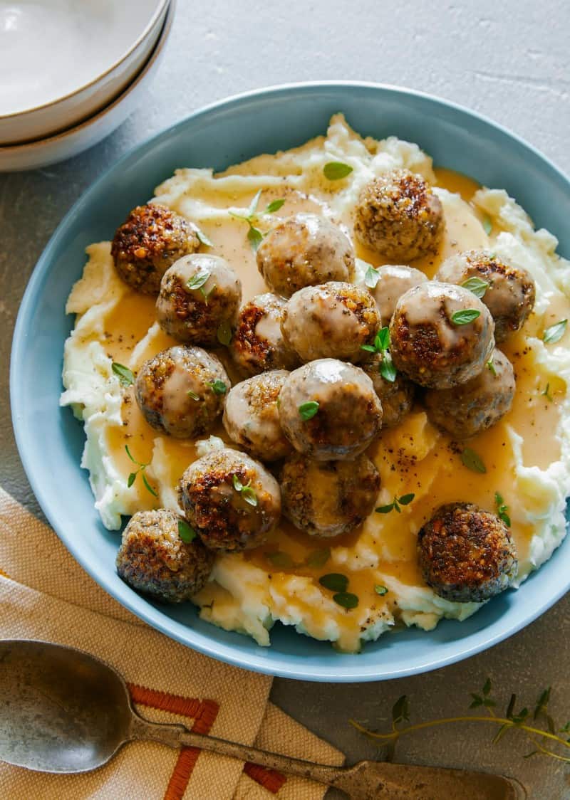 Vegan Swedish Meatballs over Mashed Potatoes and Gravy
