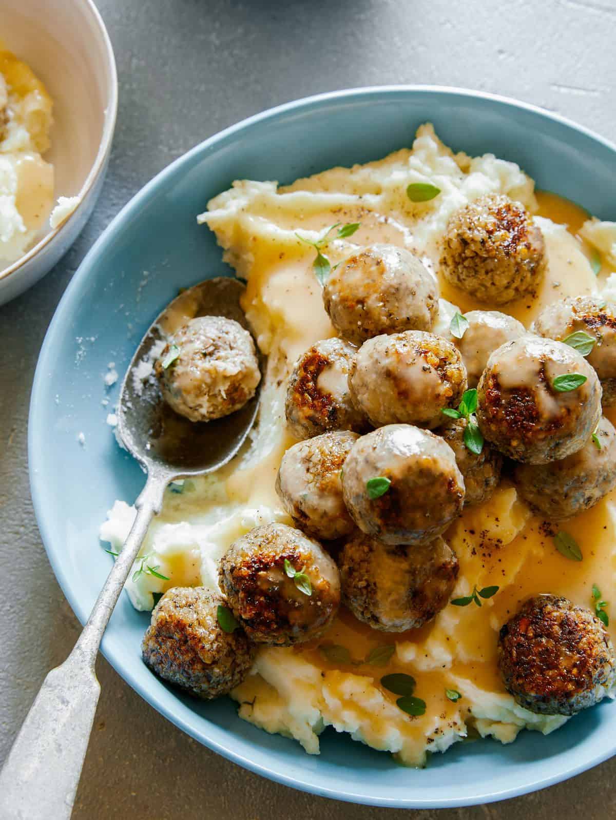 Vegan Swedish Meatballs over Mashed Potatoes and Gravy