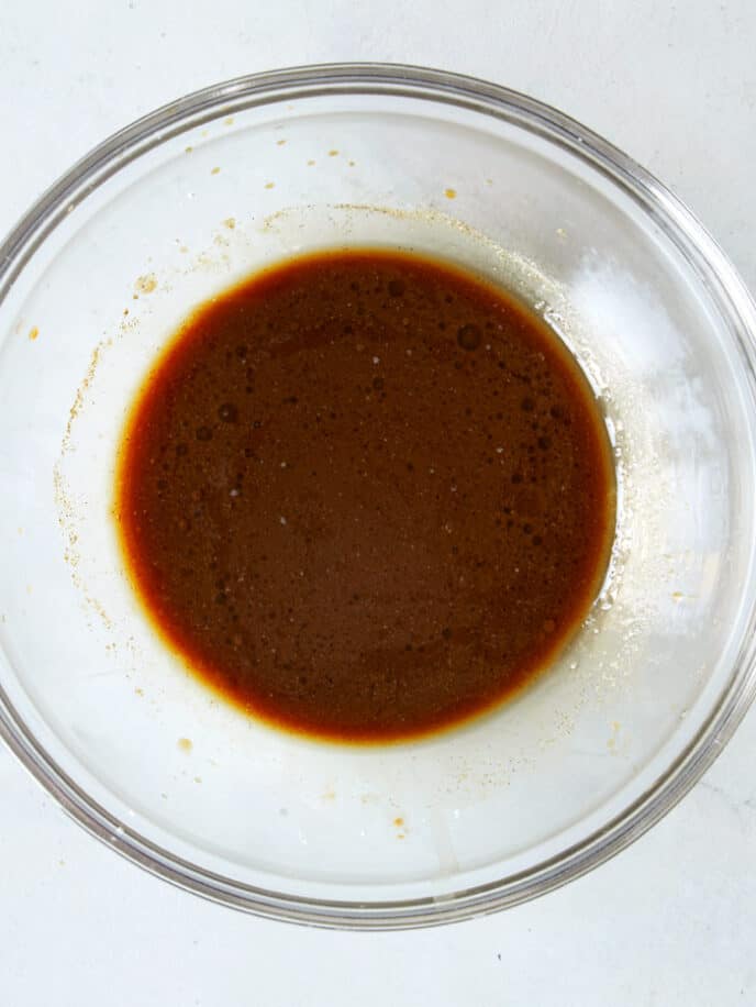 Chow Mein sauce ingredients combined into a glass bowl. 