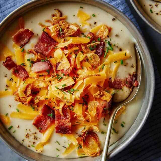 Loaded Baked Potato Soup Spoon Fork Bacon