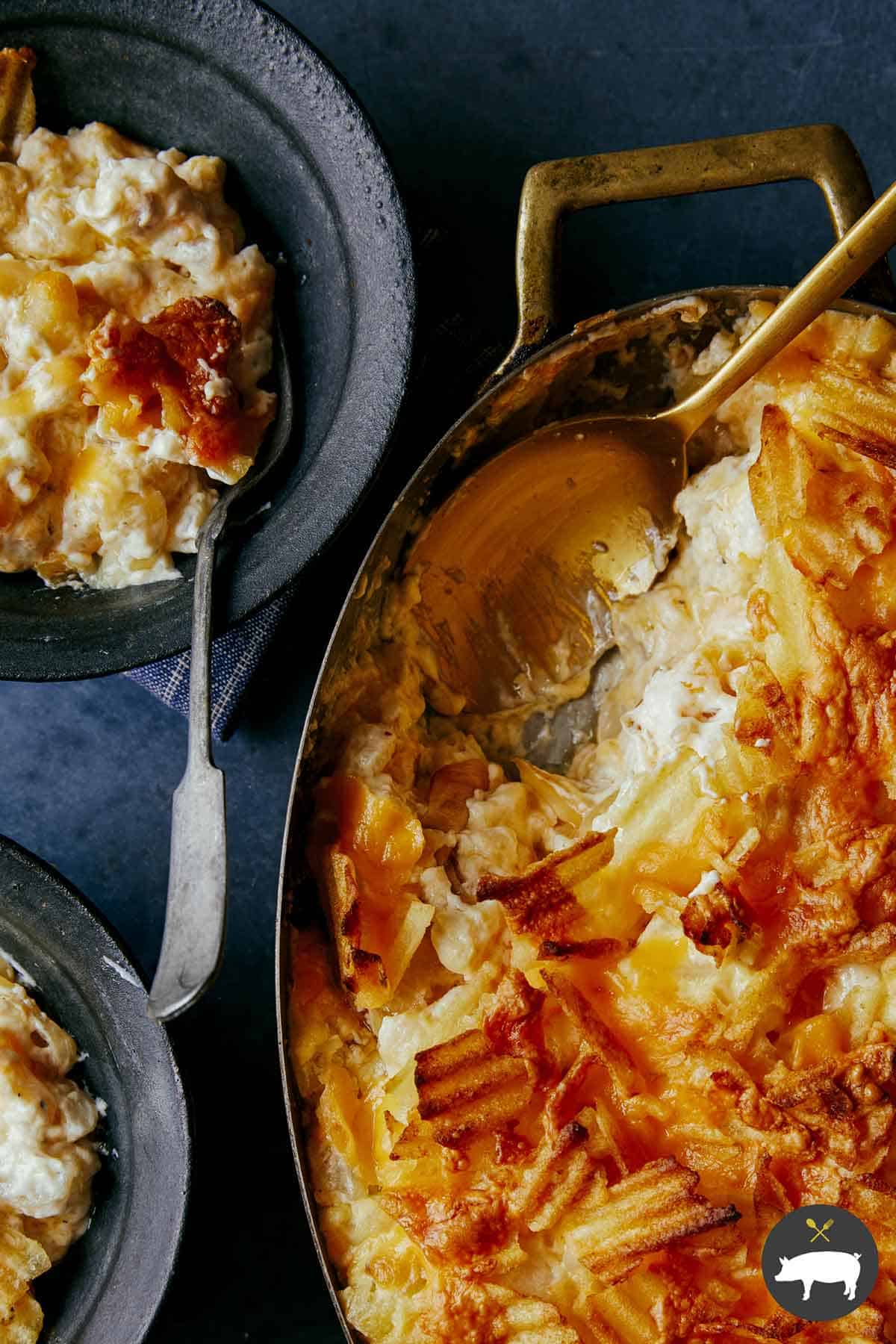 A close up on a Cheesy Potato Casserole.