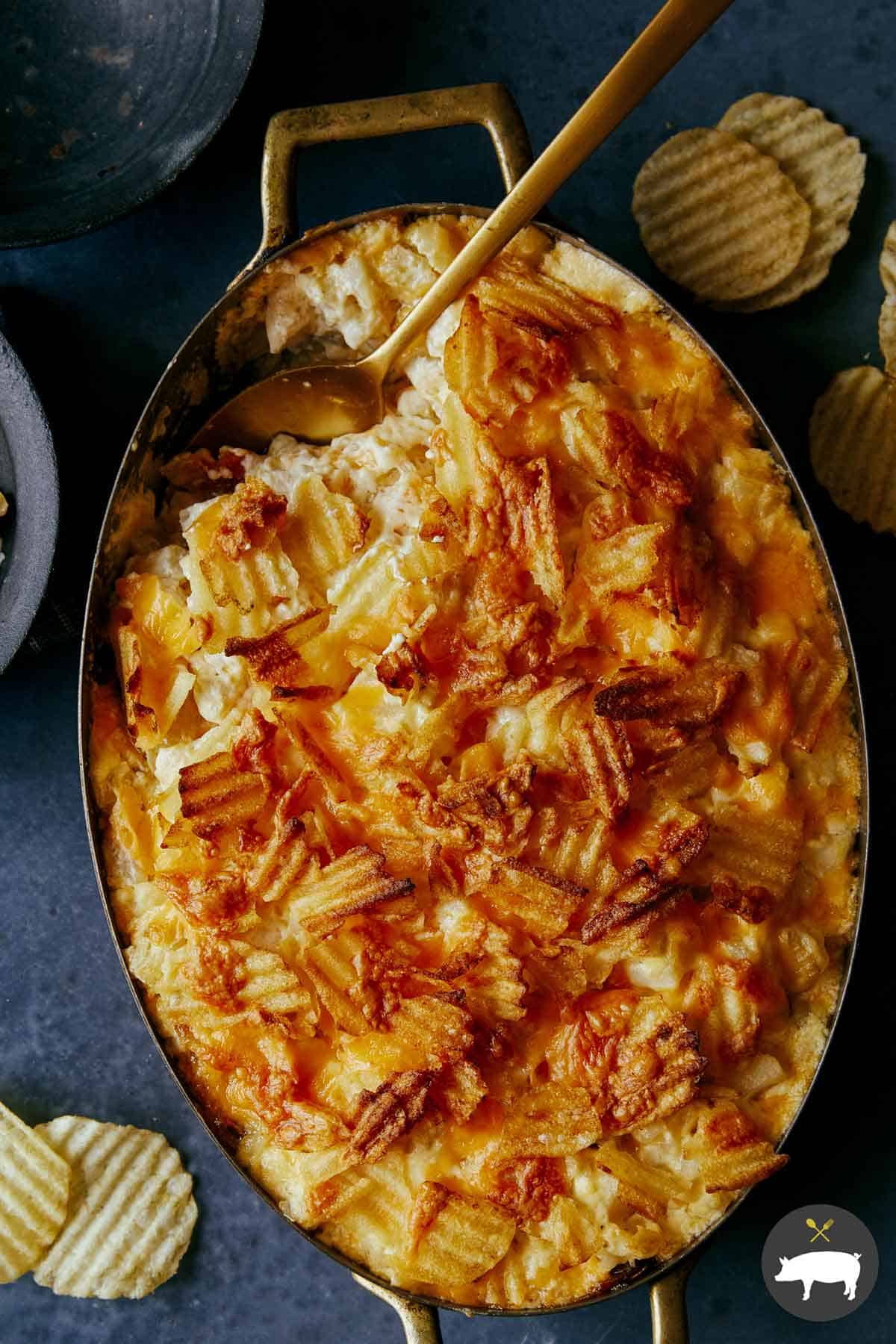 A close up on a Cheesy Potato Casserole.