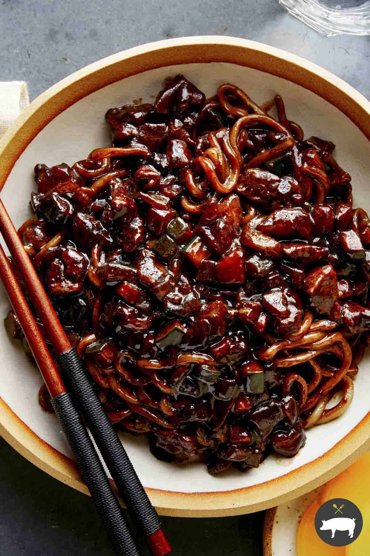 Jajangmyeon Noodles With Black Bean Sauce Spoon Fork Bacon