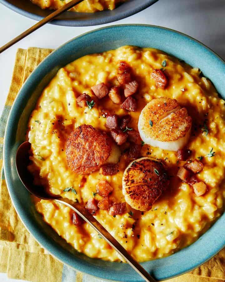 Pumpkin risotto with seared scallops.