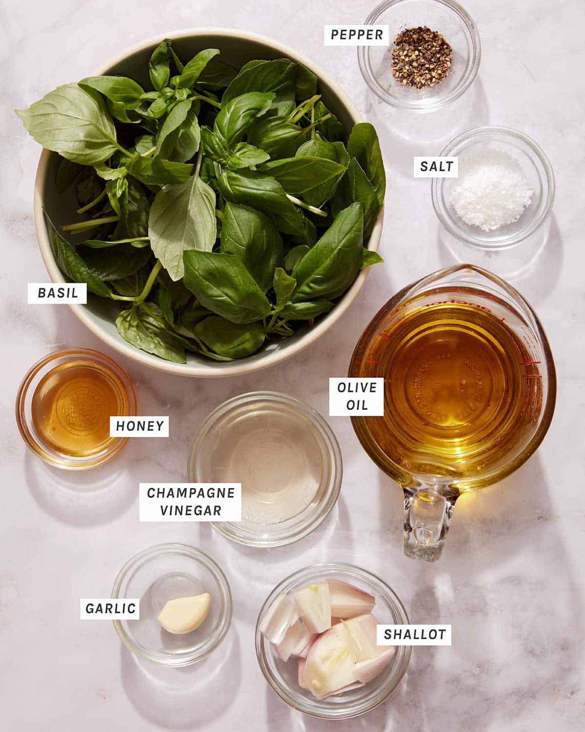 Ingredients to make a basil vinaigrette. 