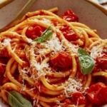 Tomato sauce pasta in a bowl with a fork on the side.