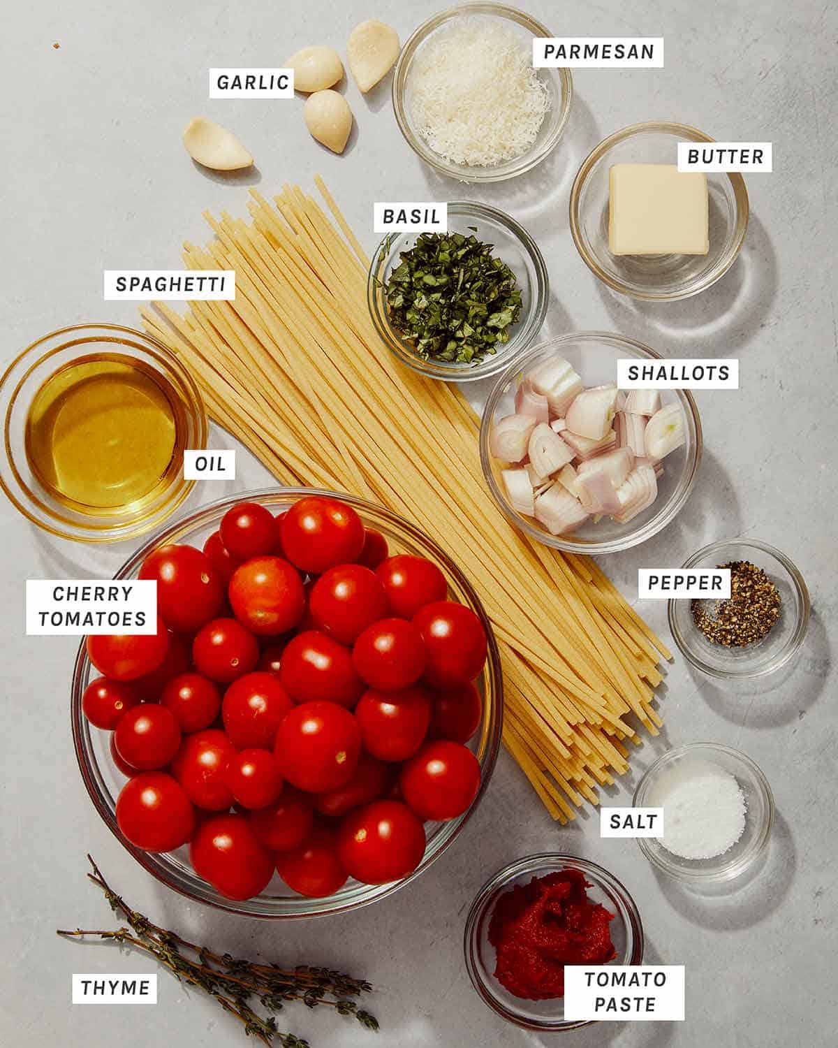 Tomato sauce pasta ingredients ready to be cooked with.