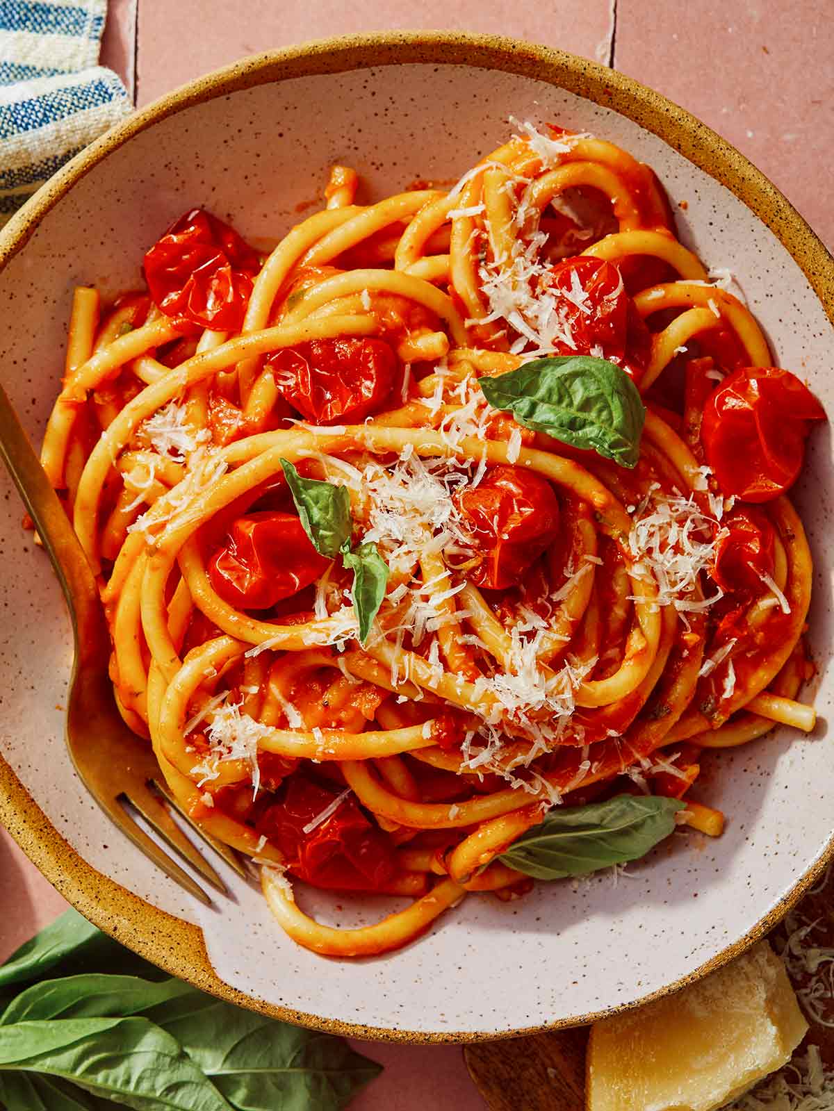 Tomato sauce pasta in a bowl.