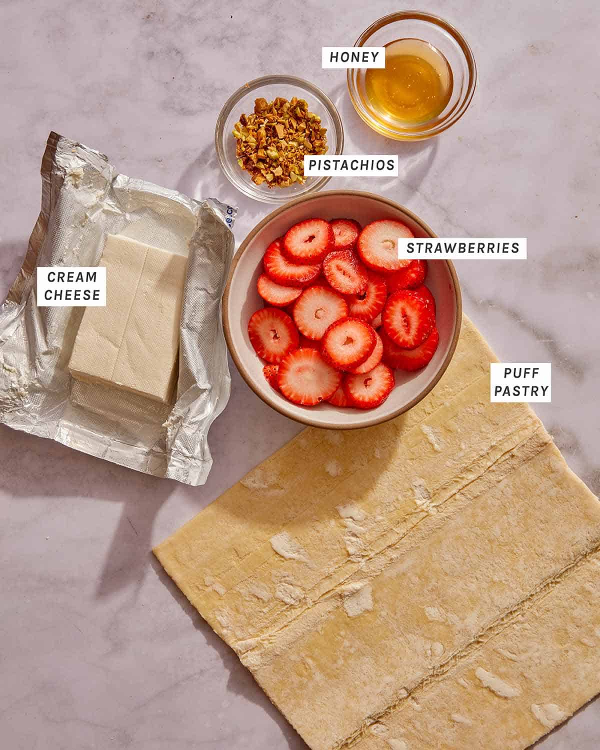 Ingredients for a strawberry tart. 