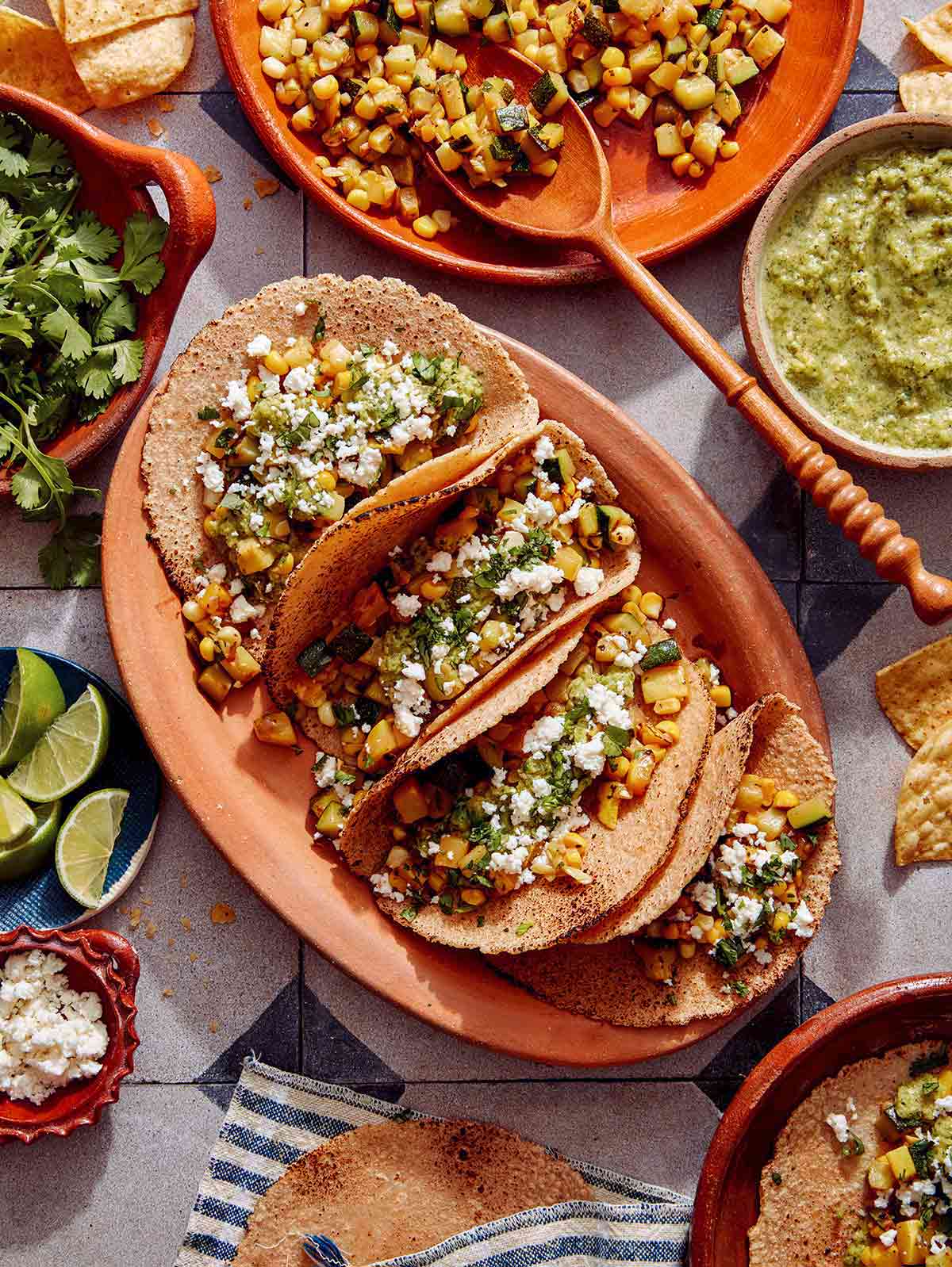 Vegetarian zucchini tacos on a platter ready to be served. 