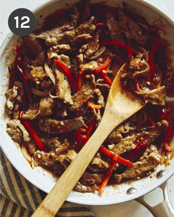 Szechuan beef in a skillet. 