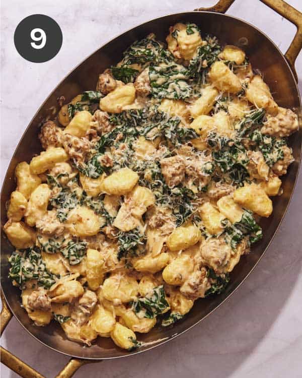 Gnocchi mixture in a pan about to go into the oven. 