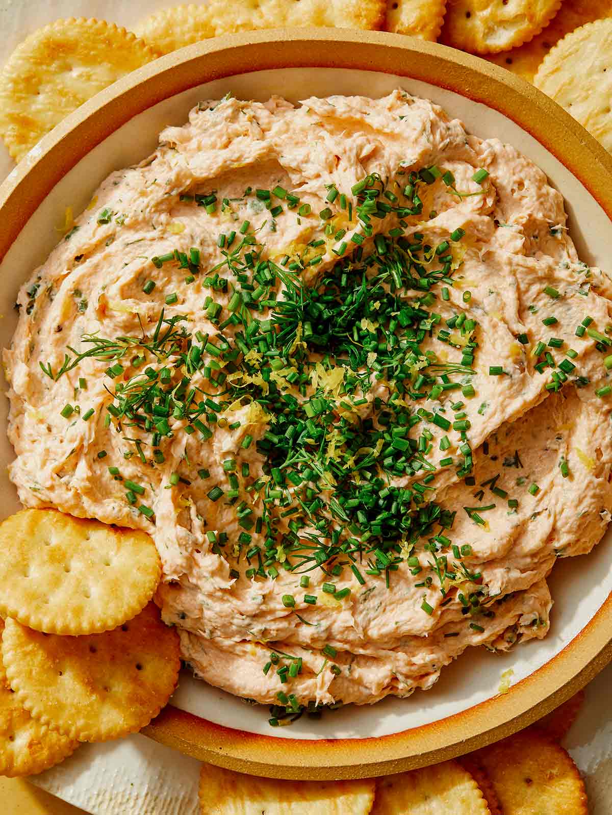 Smoked salmon dip served in a bowl with crackers on the side. 