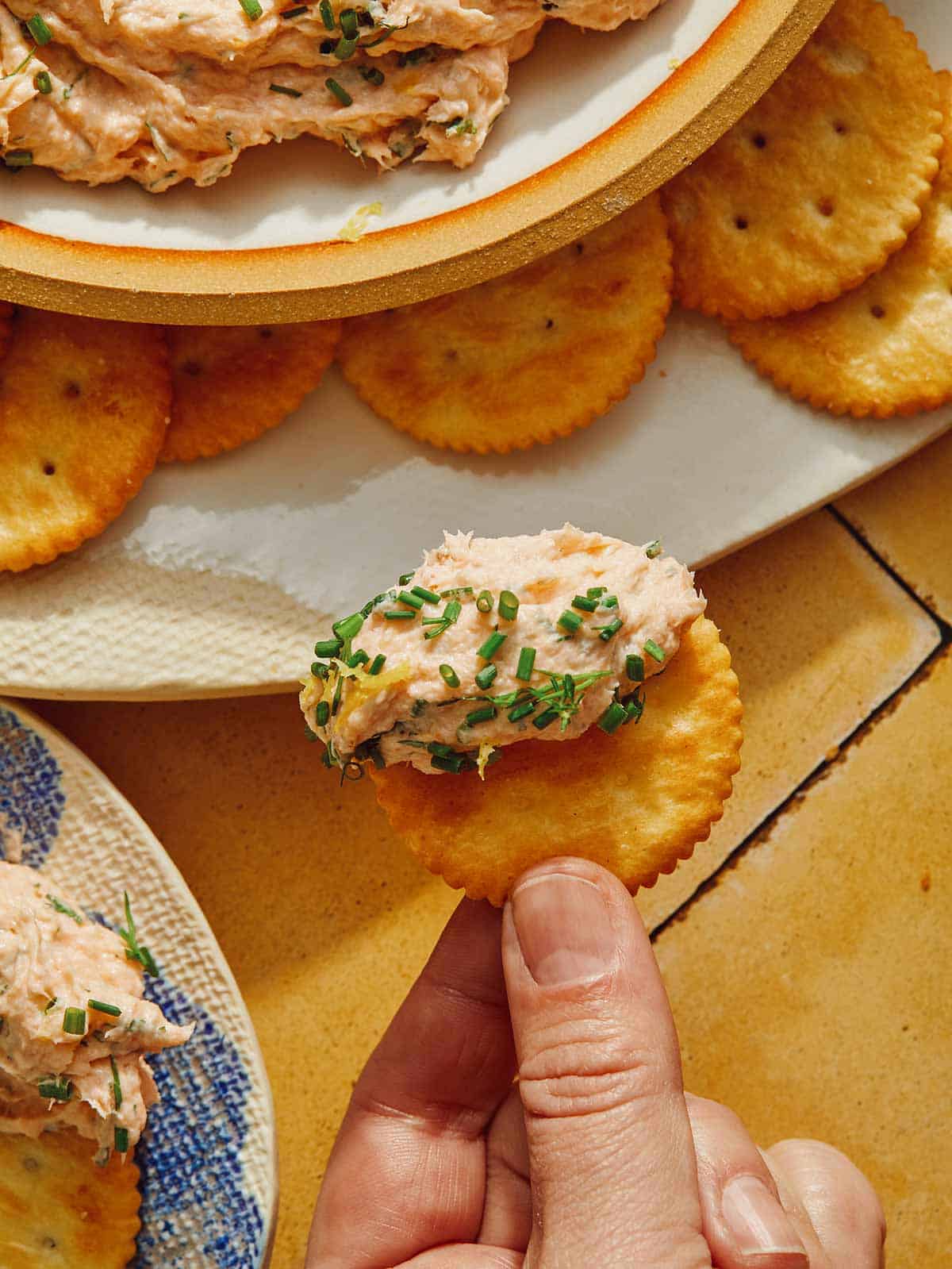 Smoked salmon dip on a cracker with a hand holding it. 