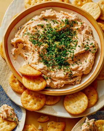 Smoked Salmon Dip recipe in a bowl with crackers on the side.