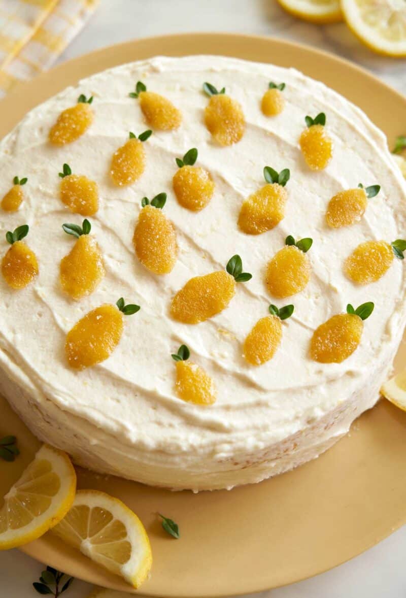 Close up of whole lemon thyme cake garnished with lemon slices.